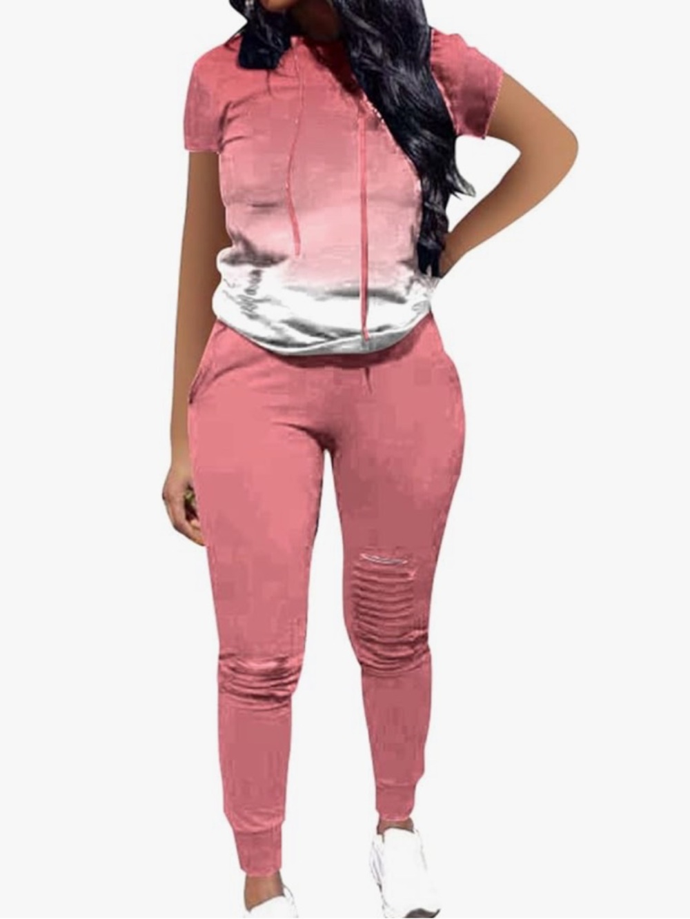Chic Nation Pink Ombre Short-Sleeve Hoodie & Distressed Joggers Set